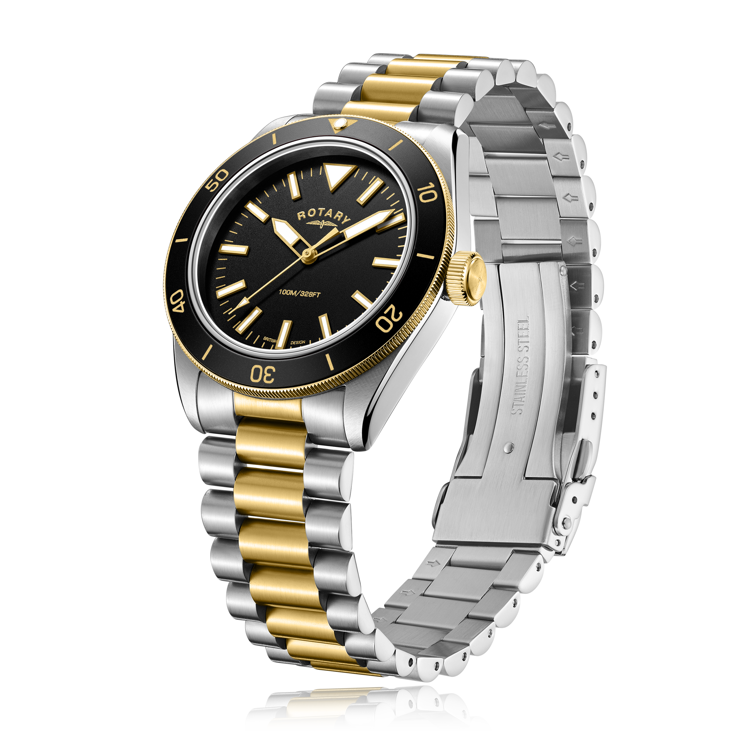 Rotary mens two tone dive watch with a black bezel and black dial with gold accenting