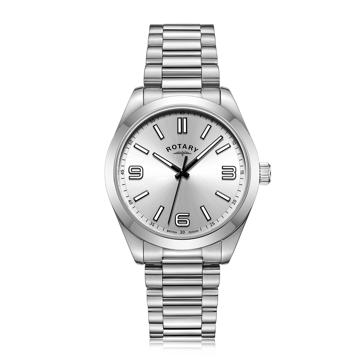 Rotary mens watch in stainless steel with a silver dial and white luminous hands. The watch also features a stainless steel bracelet