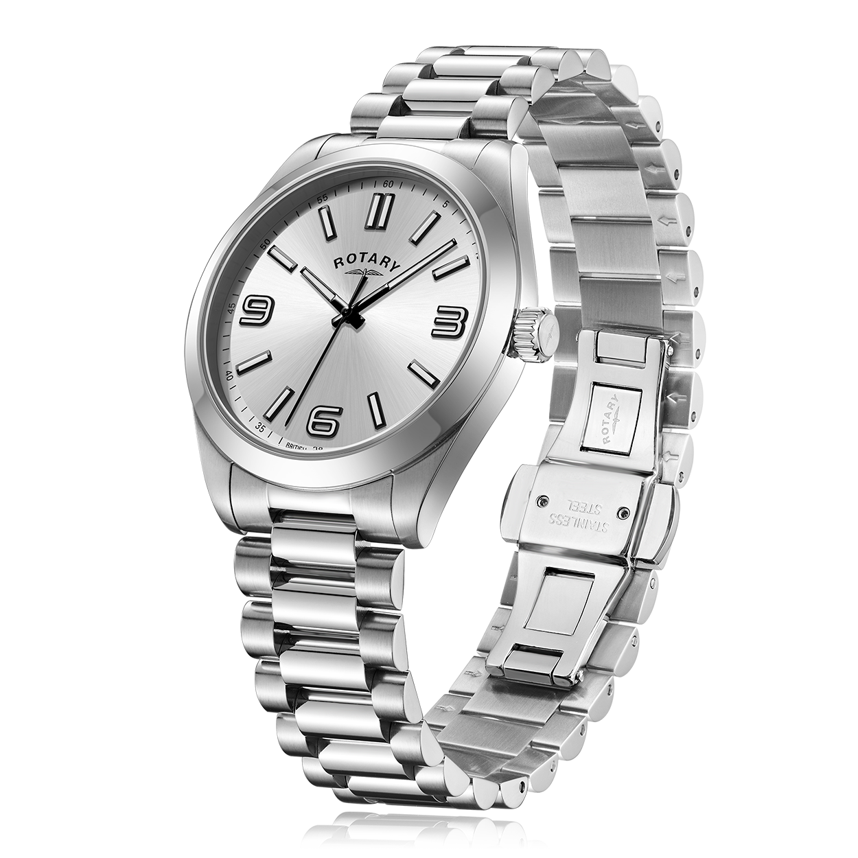 rotary mens watch in stainless steel with a silver dial and white luminous hands. The watch also features a stainless steel bracelet