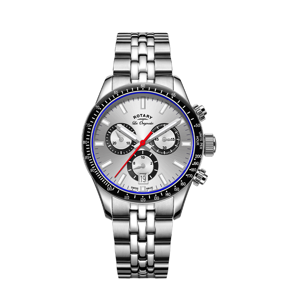 Rotary chronograph watch with a stainless steel case and bracelet. The watch has a silver dial, red seconds hand and 3 sub-dials, as well as a date window at 6 o'clock