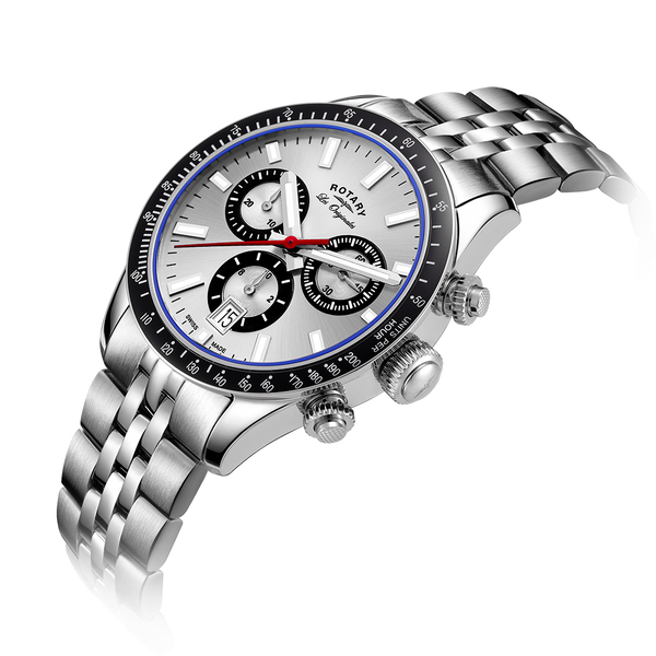 Rotary chronograph watch with a stainless steel case and bracelet. The watch has a silver dial, red seconds hand and 3 sub-dials, as well as a date window at 6 o'clock