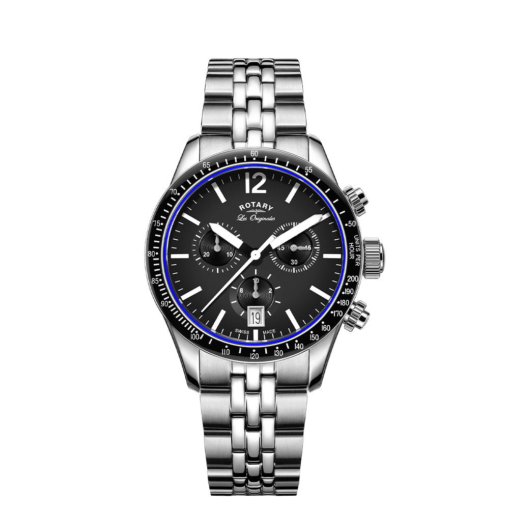 Rotary swiss made chronograph watch with a stainless steel case and bracelet. The watch also features a black bezel and domed sapphire glass with a black dial and 3 sub-dials