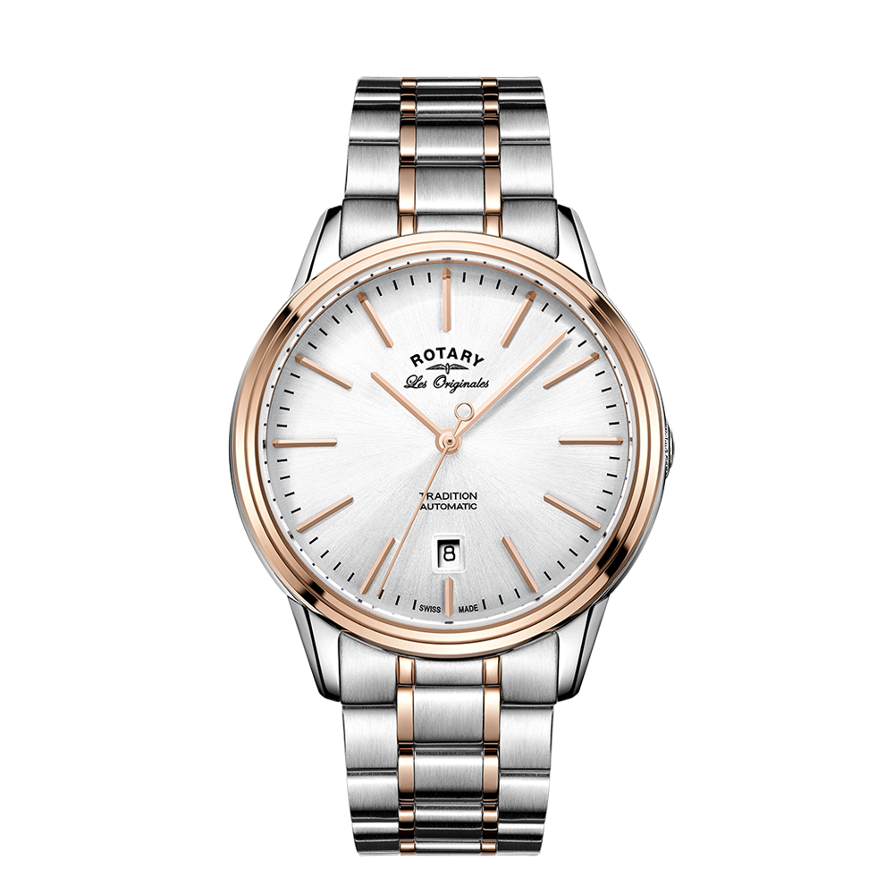 rotary swiss made automatic mens watch with a two-tone bracelet and white 3-hand dial