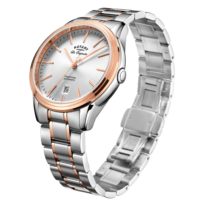 rotary swiss made automatic mens watch with a two-tone bracelet and white 3-hand dial