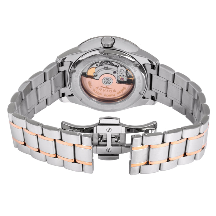 rotary swiss made mens watch with a two-tone bracelet and an exhibition case-back