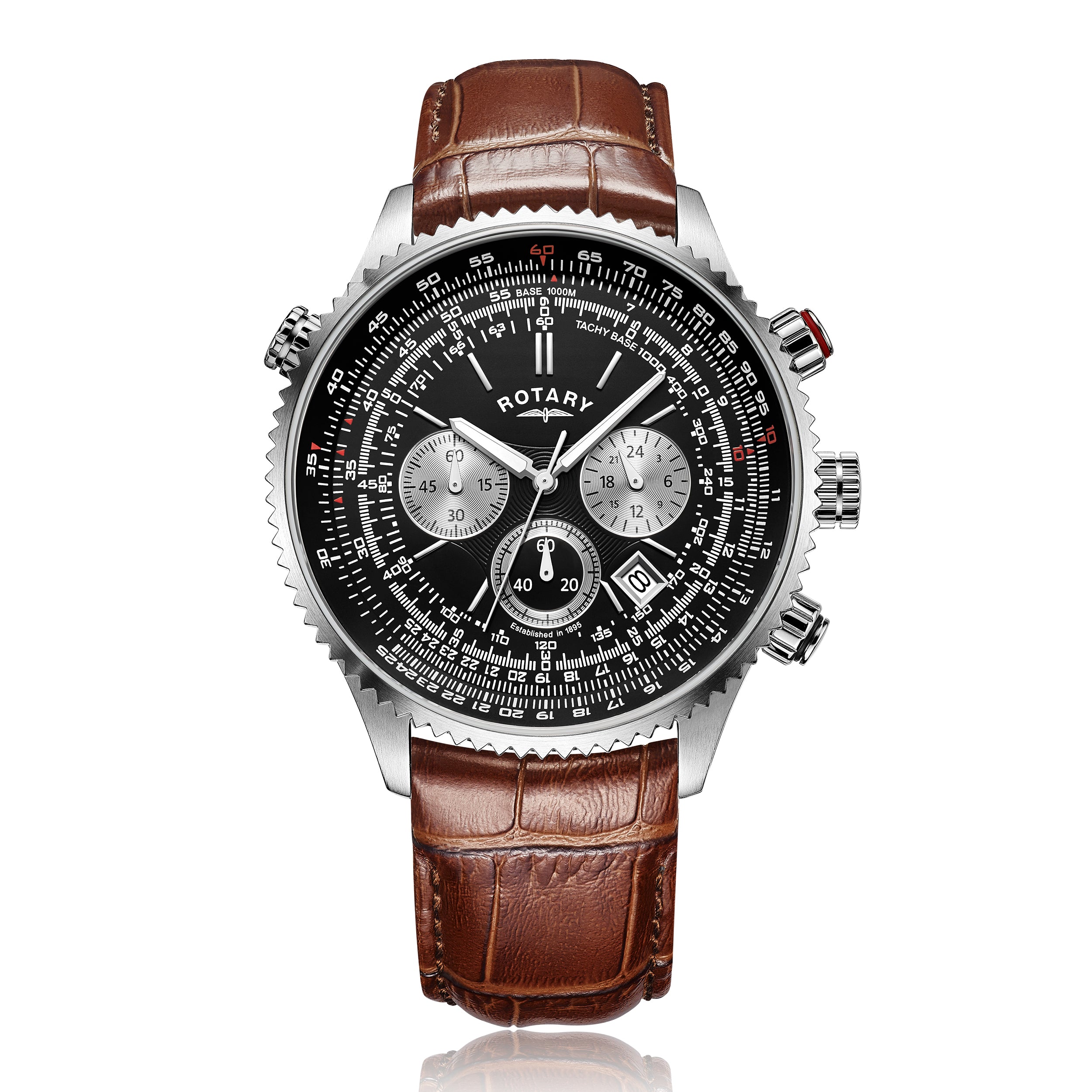 Rotary pilot style watch with a stainless steel case and a brown leather strap. The watch has a date window and 3 chronograph sub-dials