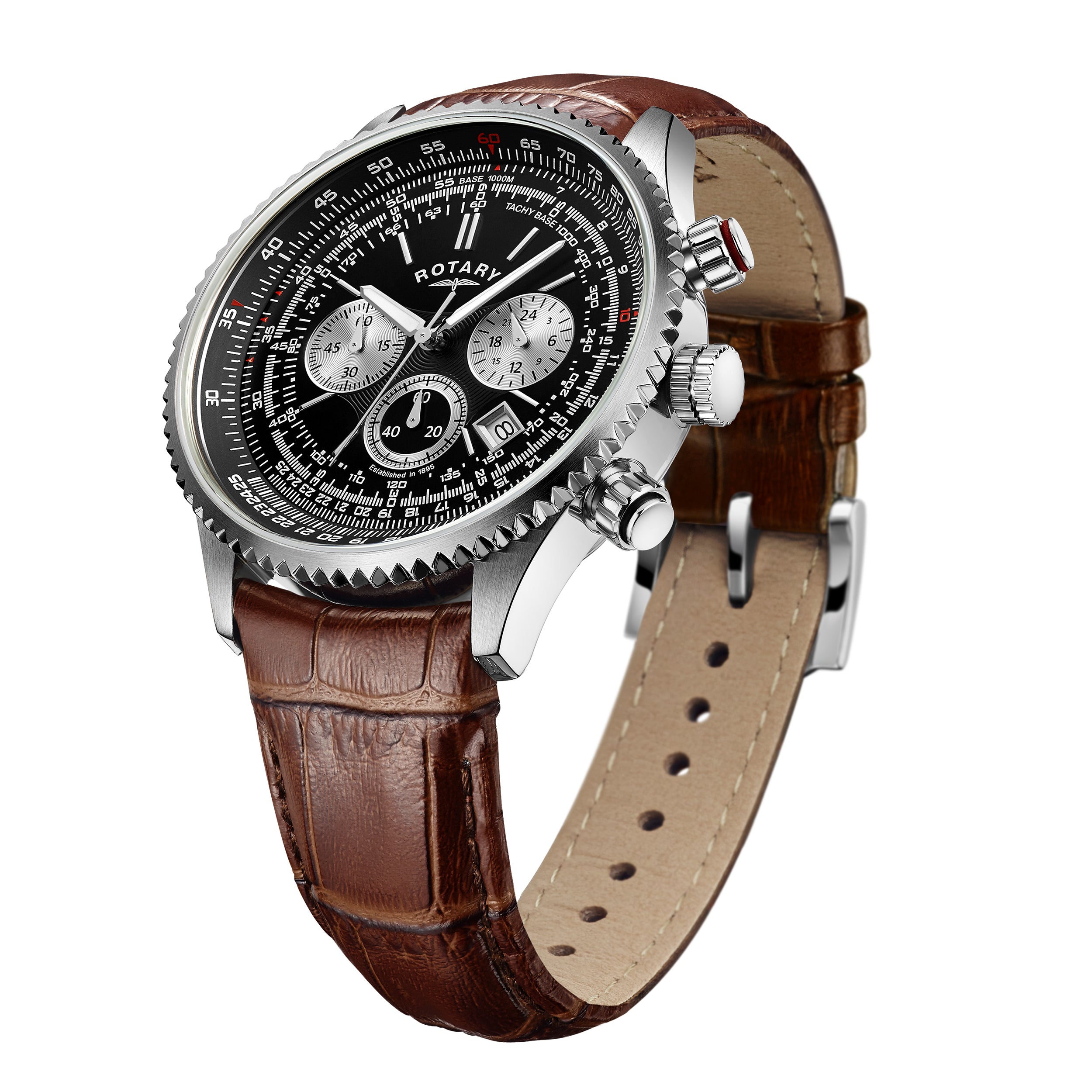 Rotary pilot style watch with a stainless steel case and a brown leather strap. The watch has a date window and 3 chronograph sub-dials