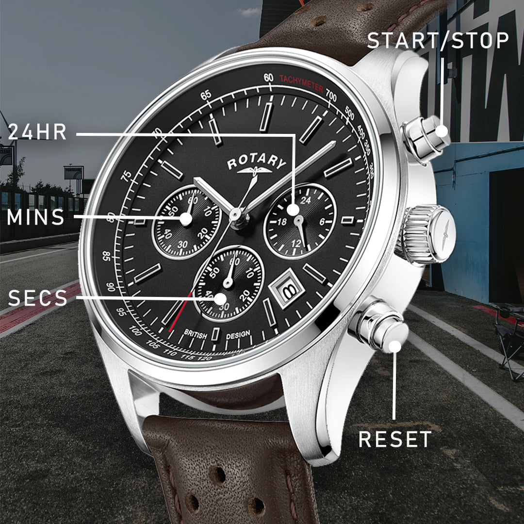 A black dial Rotary chronograph 1977 watch on a racing track background