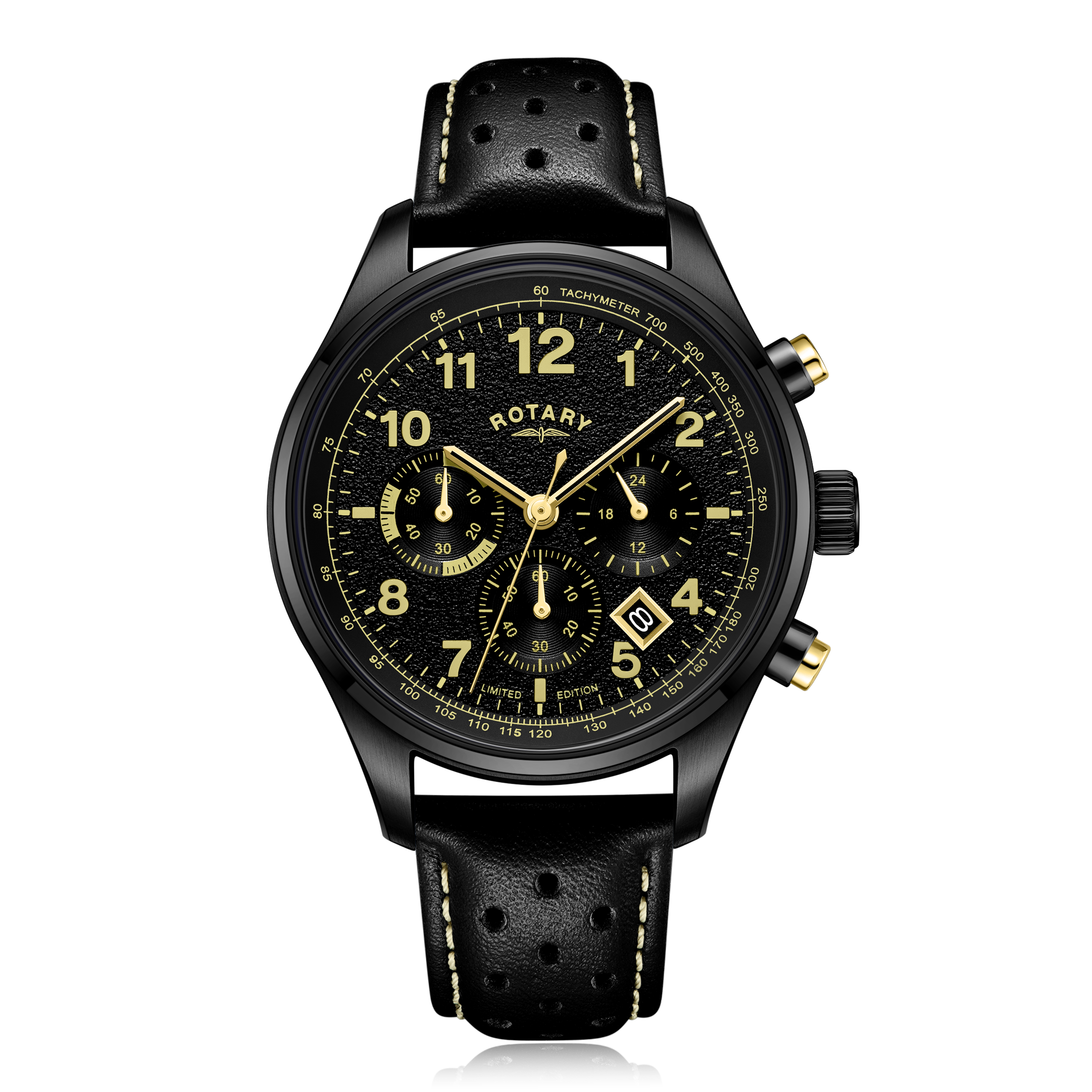 a front on shot of the rotary black edition chronograph 1977 watch