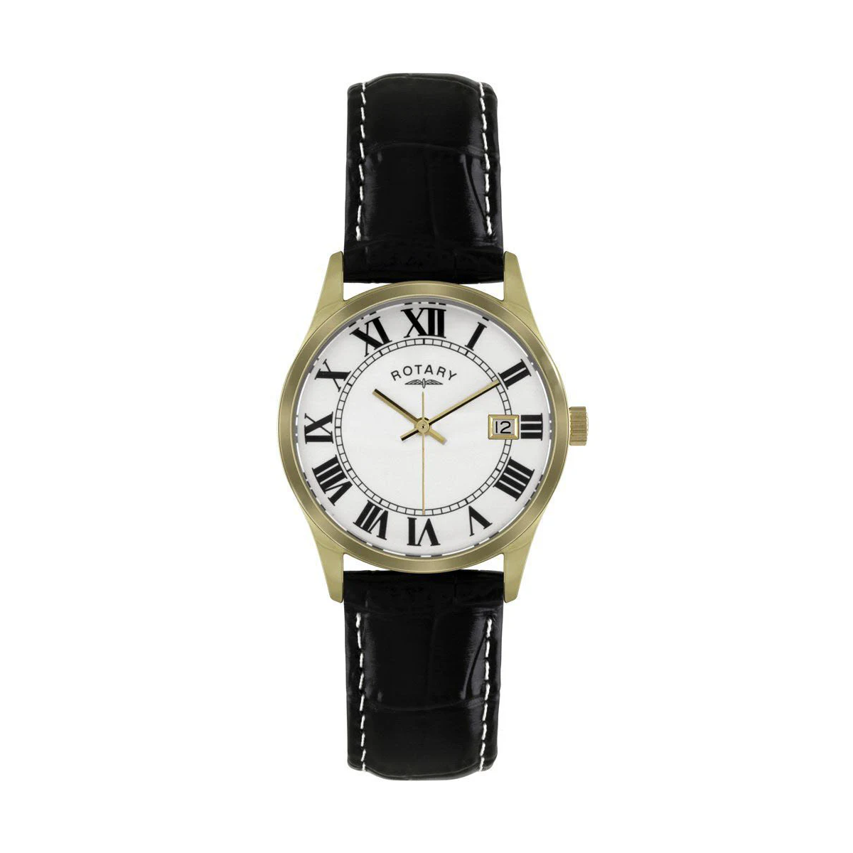 Rotary watch in gold with a white dial and roman numerals
