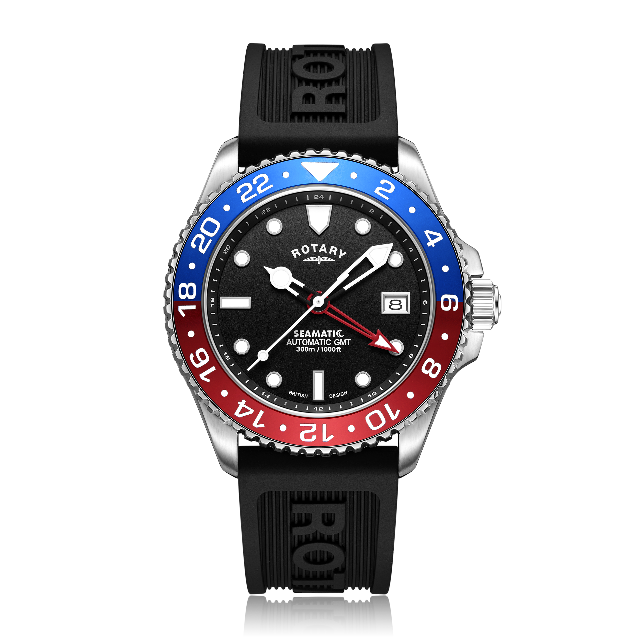 Rotary seamatic mens watch in stainless steel with a red and blue split bezel. The watch features a black textured dial with skeletonised white hands and a red GMT hand. The watch also features a silicone strap