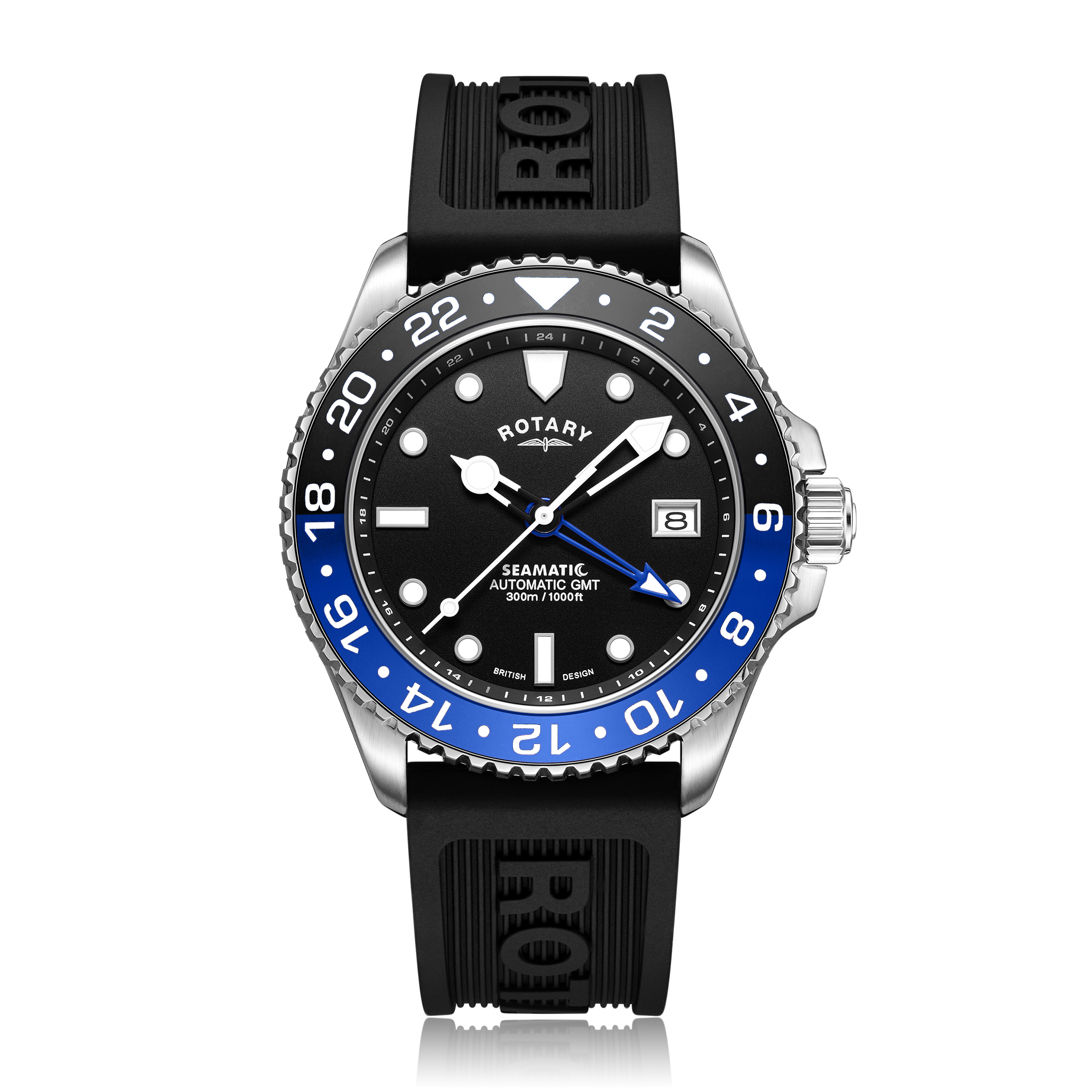 Rotary seamatic mens watch in stainless steel with a black and blue split bezel. The watch features a black textured dial with skeletonised white hands and a blue GMT hand. The watch also features a silicone strap