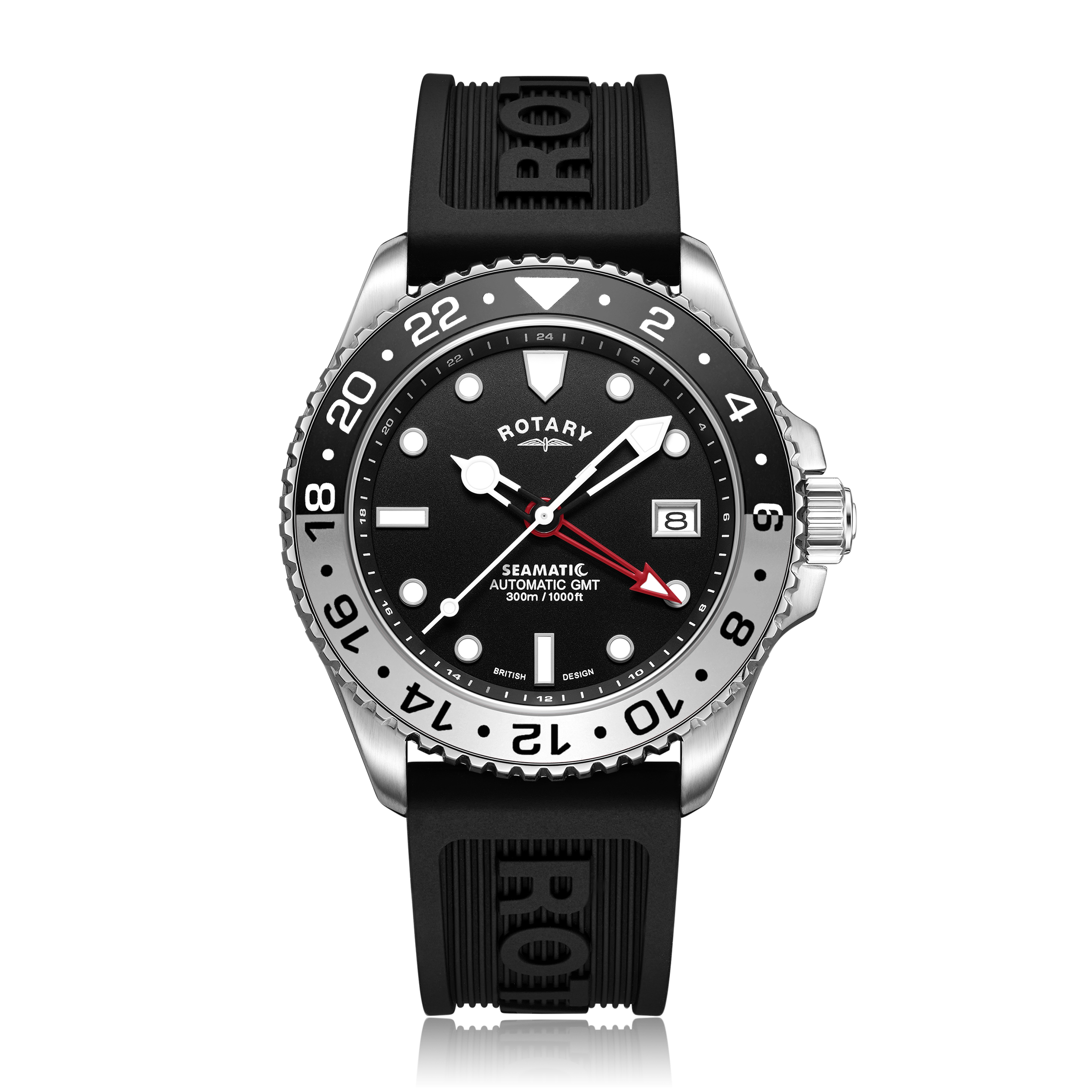 Rotary seamatic mens watch in stainless steel with a black and grey split bezel. The watch features a black textured dial with skeletonised white hands and a red GMT hand. The watch also features a silicone strap