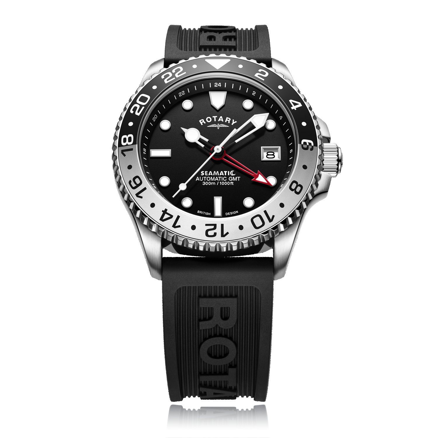 Rotary seamatic dive watch in stainless steel with a black and silver bezel, white hands and a red GMT hand. The watch also has a black silicone strap