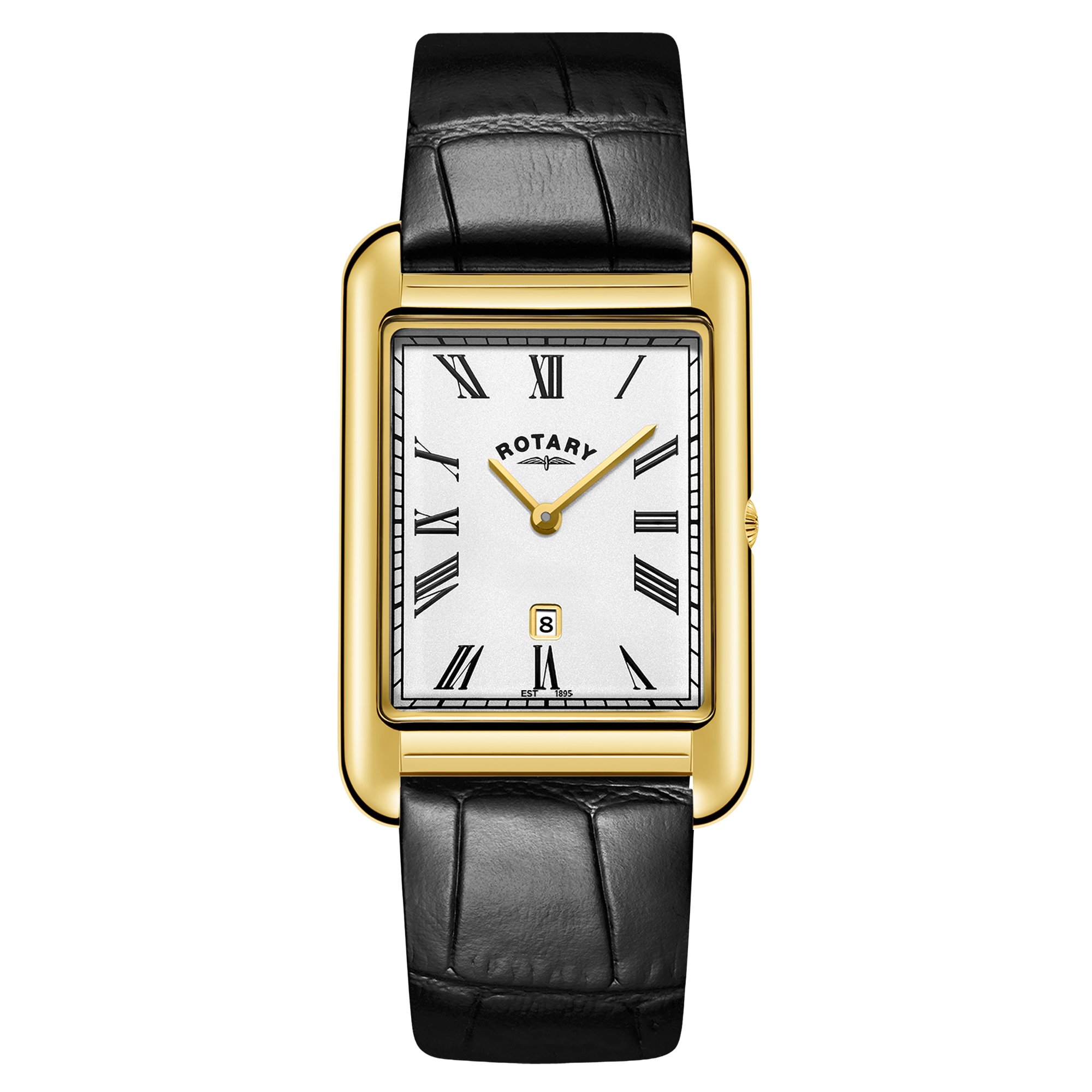 Rotary watch with gold case and black leather strap on a white background