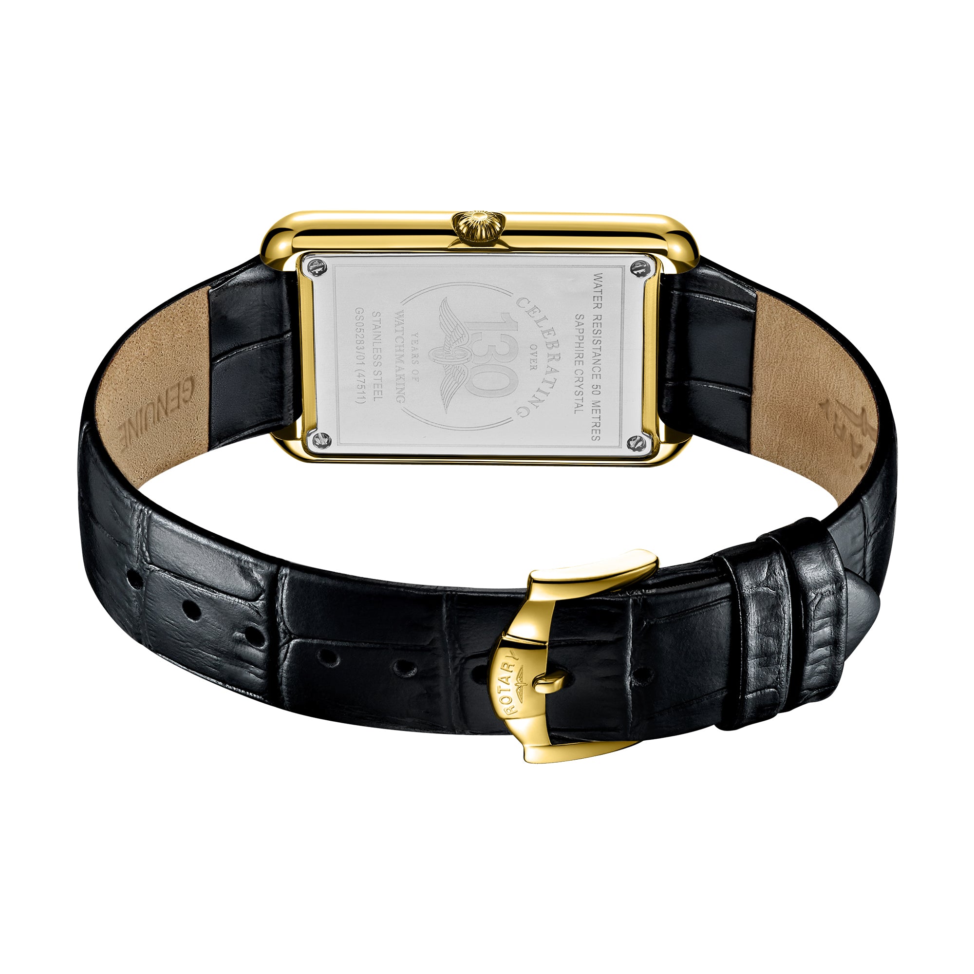 Black leather Rotary watch strap with gold buckle on a white background