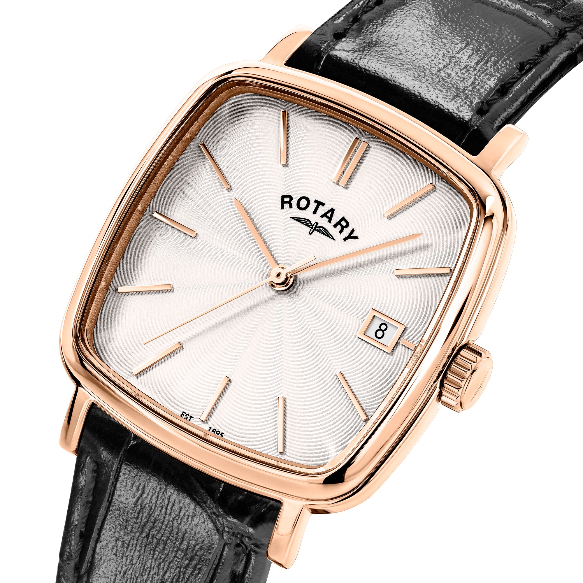 Rotary watch with black leather strap and rose gold case on a white background