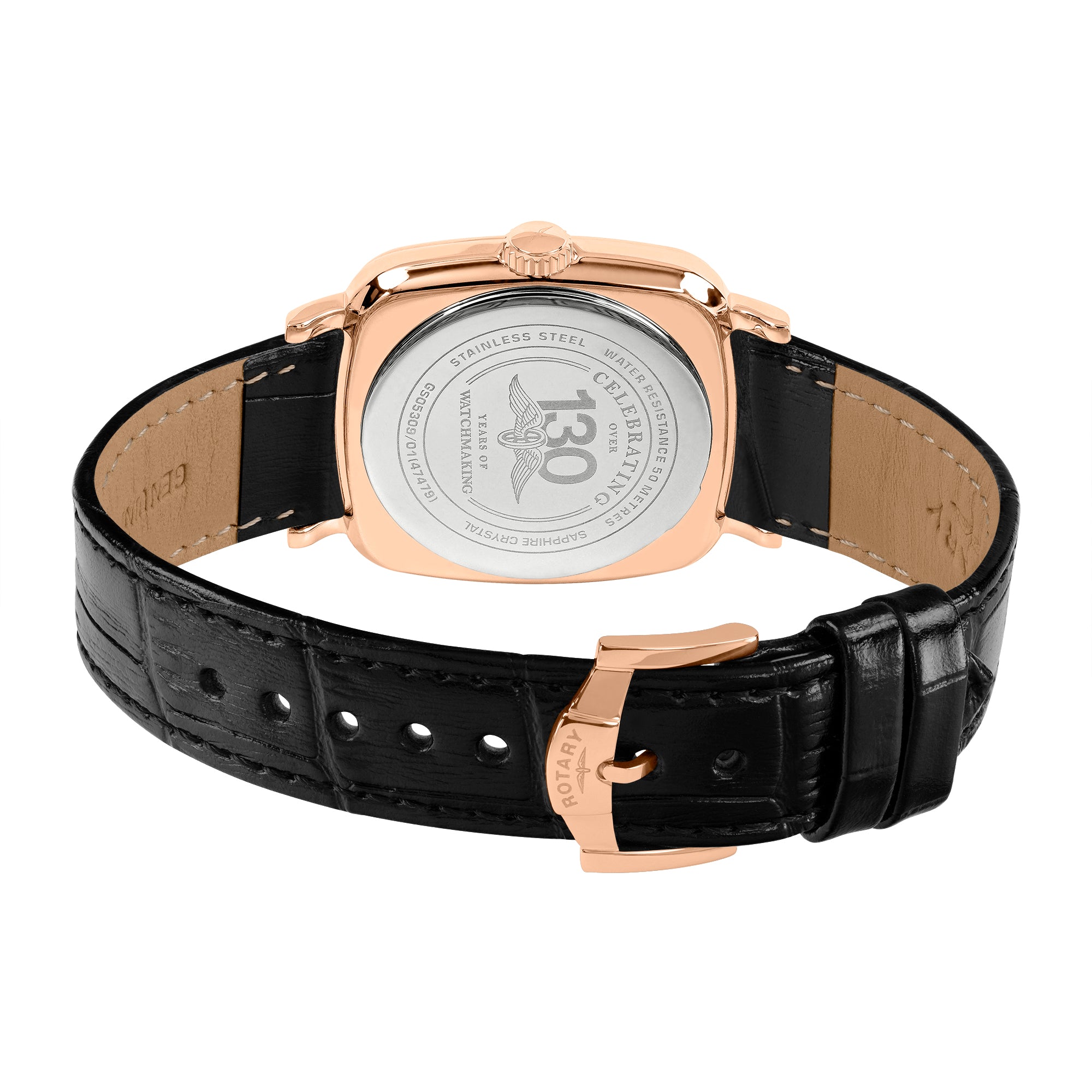Rotary Watch with black leather strap and rose gold case on a white background