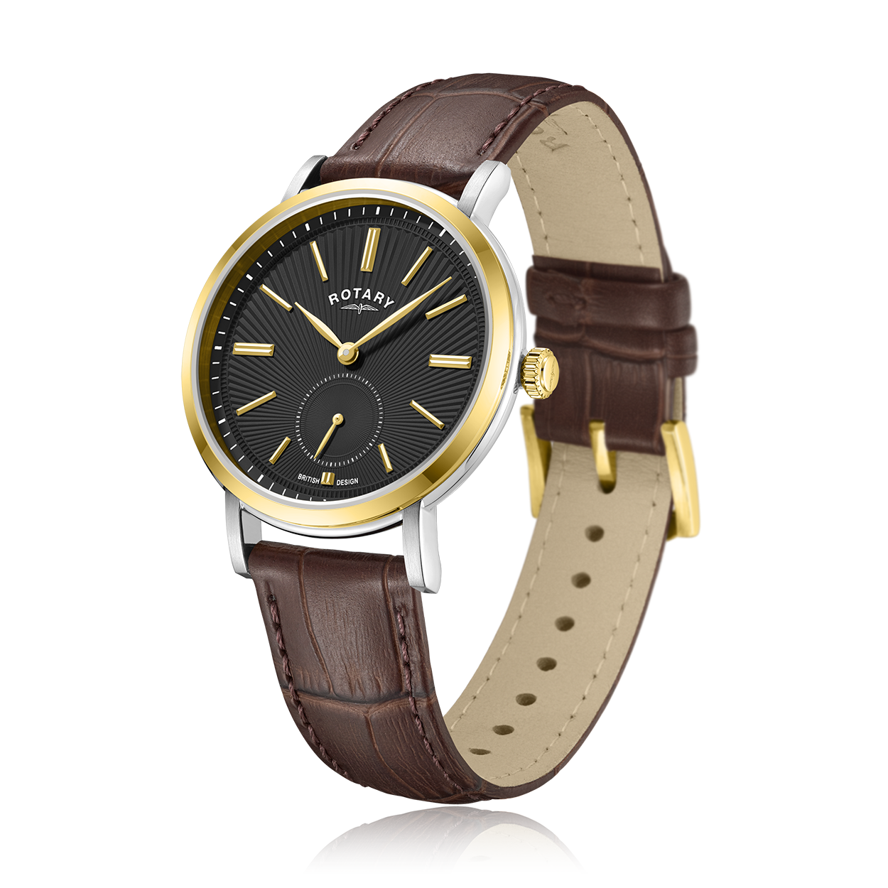 rotary mens watch in two tone with leather strap