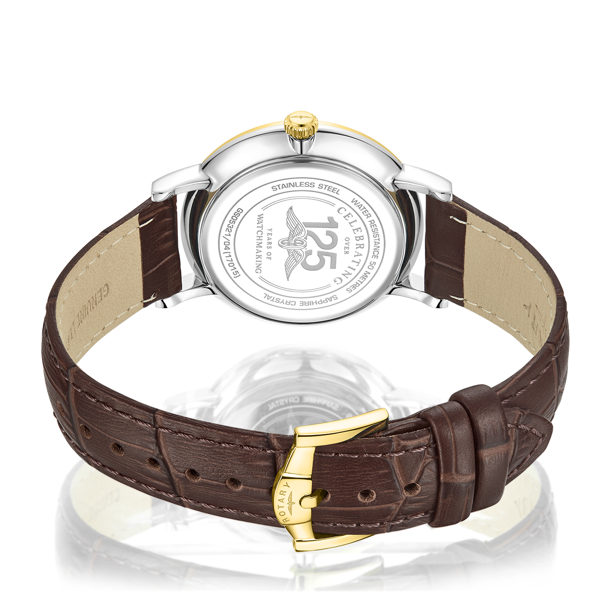 rotary mens watch in two tone with leather strap