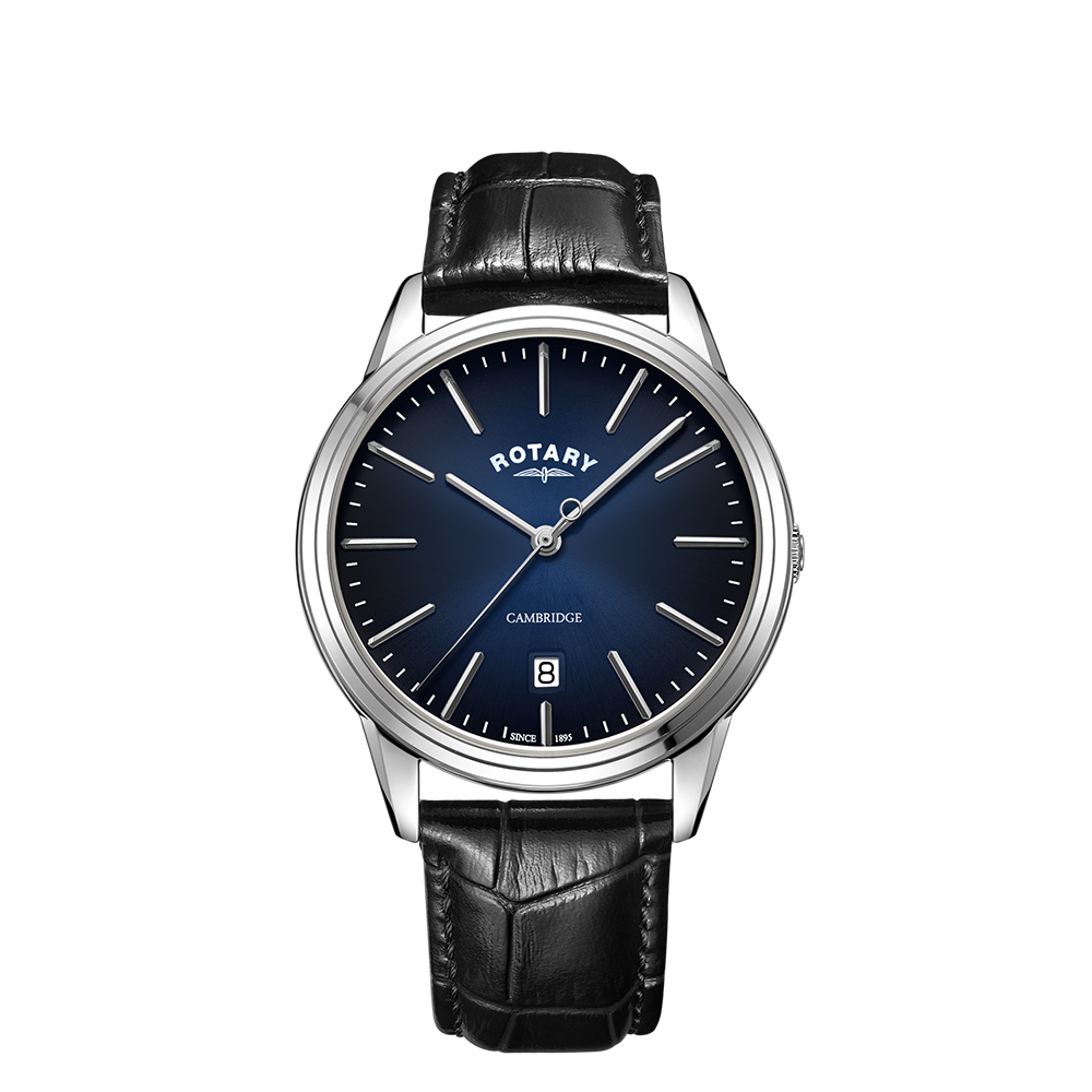 Rotary mans watch with a stainless steel case and black leather strap. The dial is blue with 3 stainless steel hands and a date window