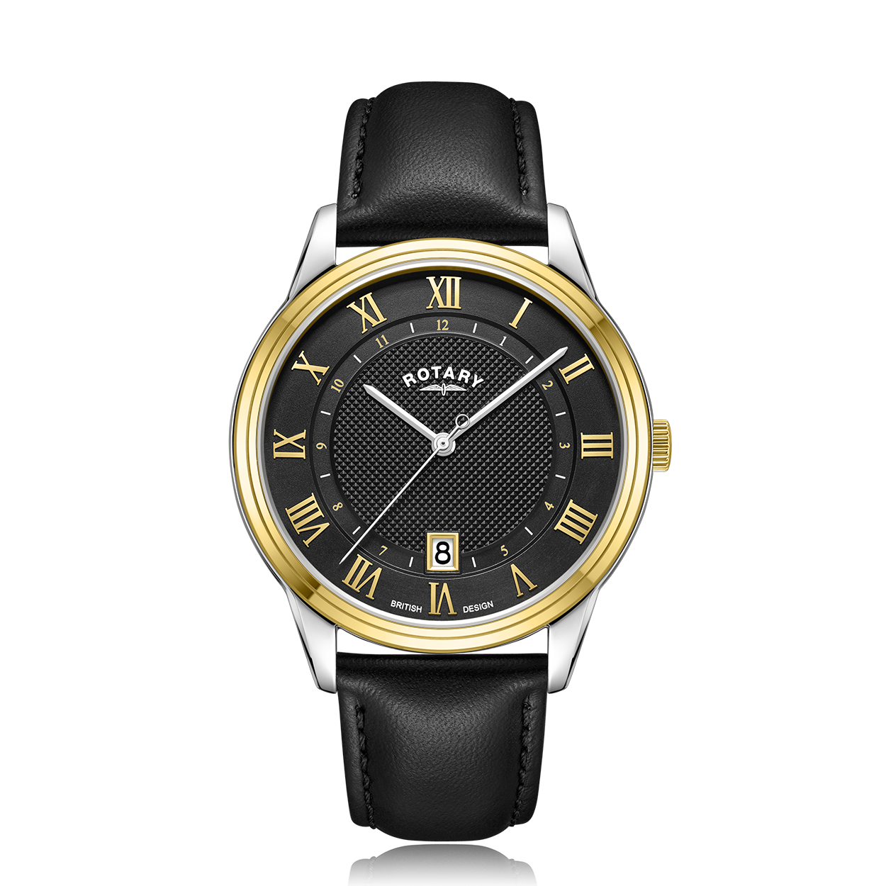 rotary mens watch in two tone with leather strap. Featuring a 