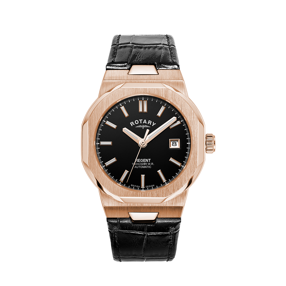 Mens rose gold rotary automatic watch with a black leather strap and a black dial