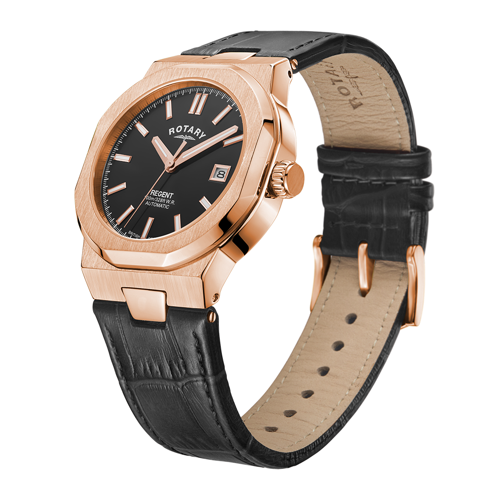 Mens rose gold rotary automatic watch with a black leather strap and a black dial