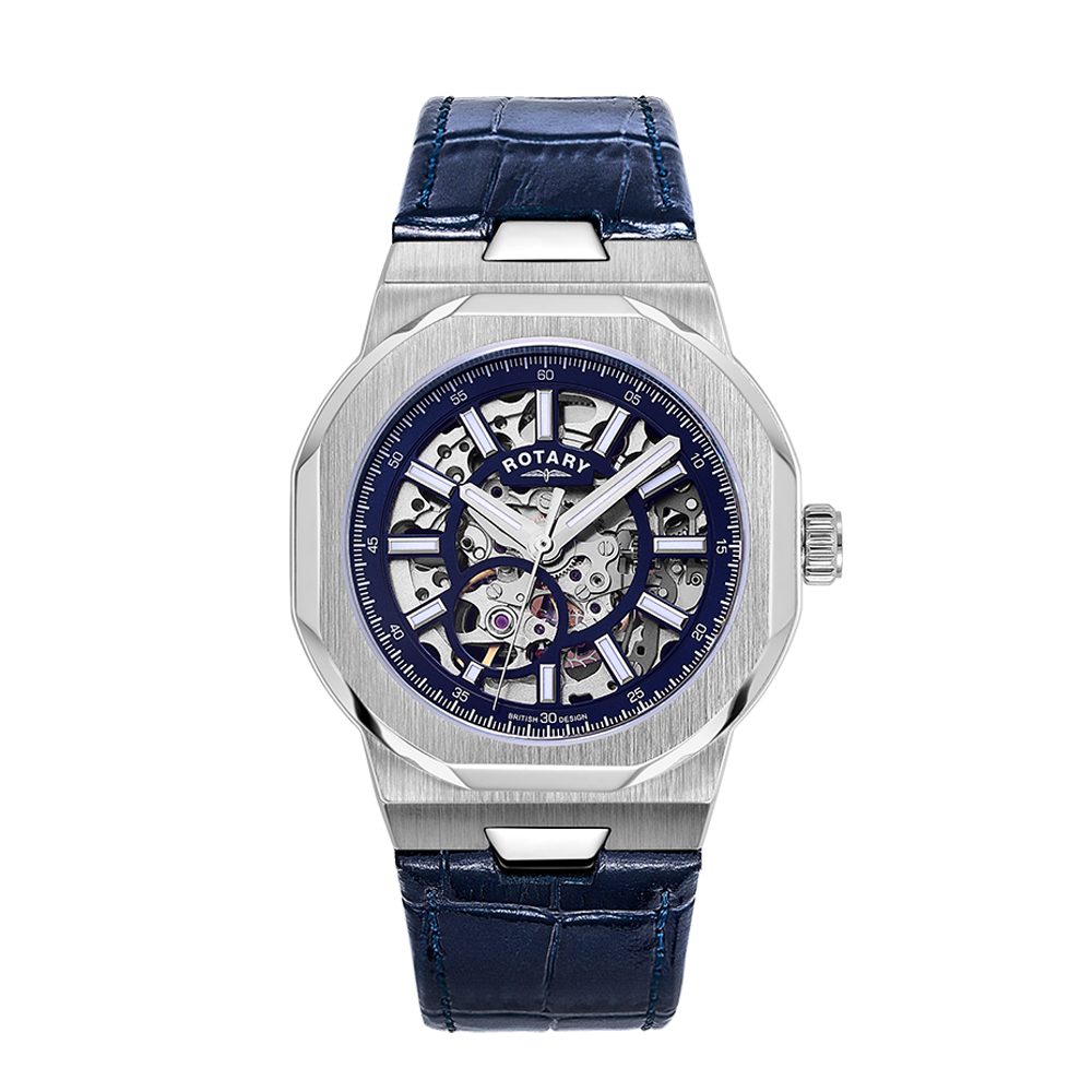 Rotary regent mens automatic skeleton dial watch with a stainless steel case and a blue leather strap