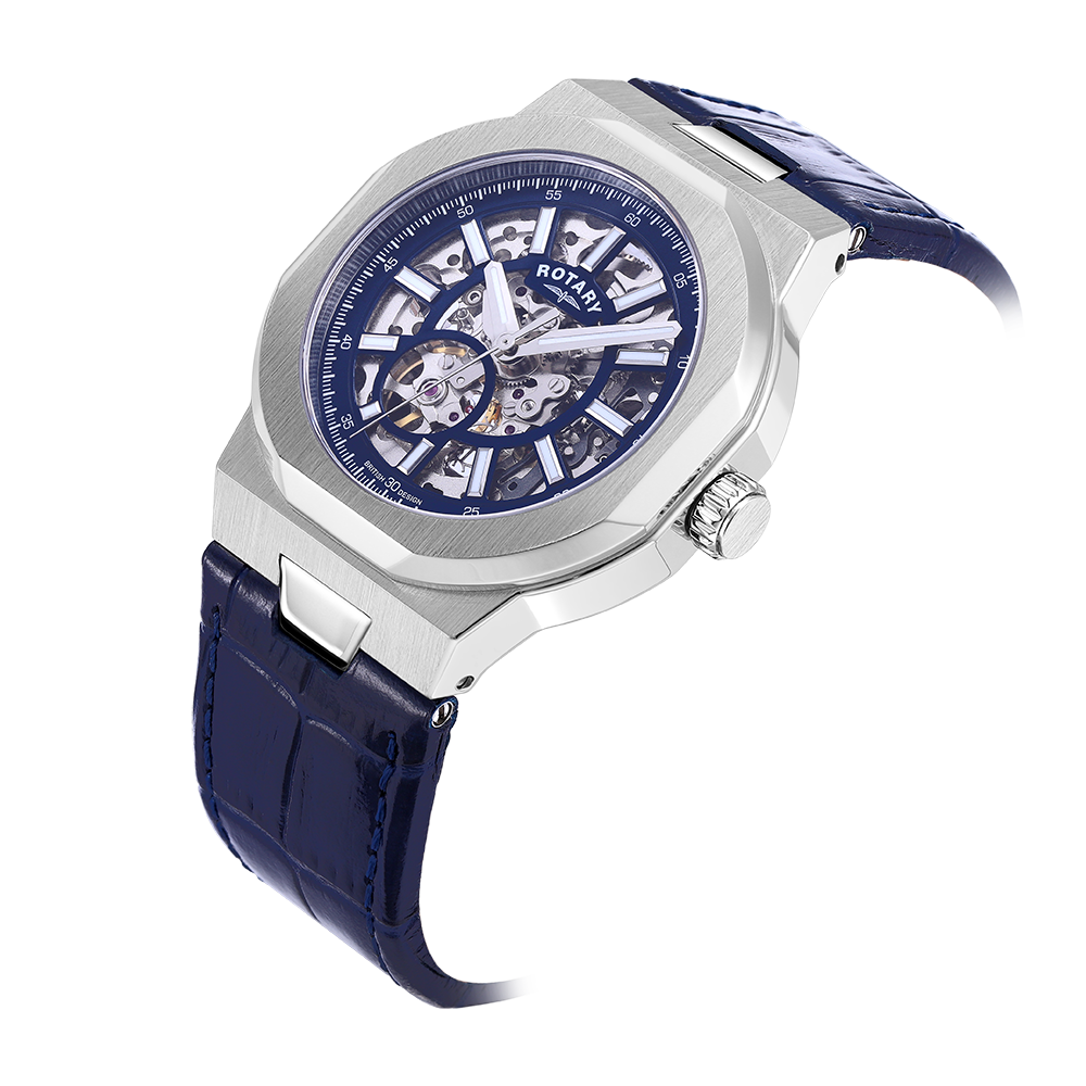 Rotary regent mens automatic skeleton dial watch with a stainless steel case and a blue leather strap