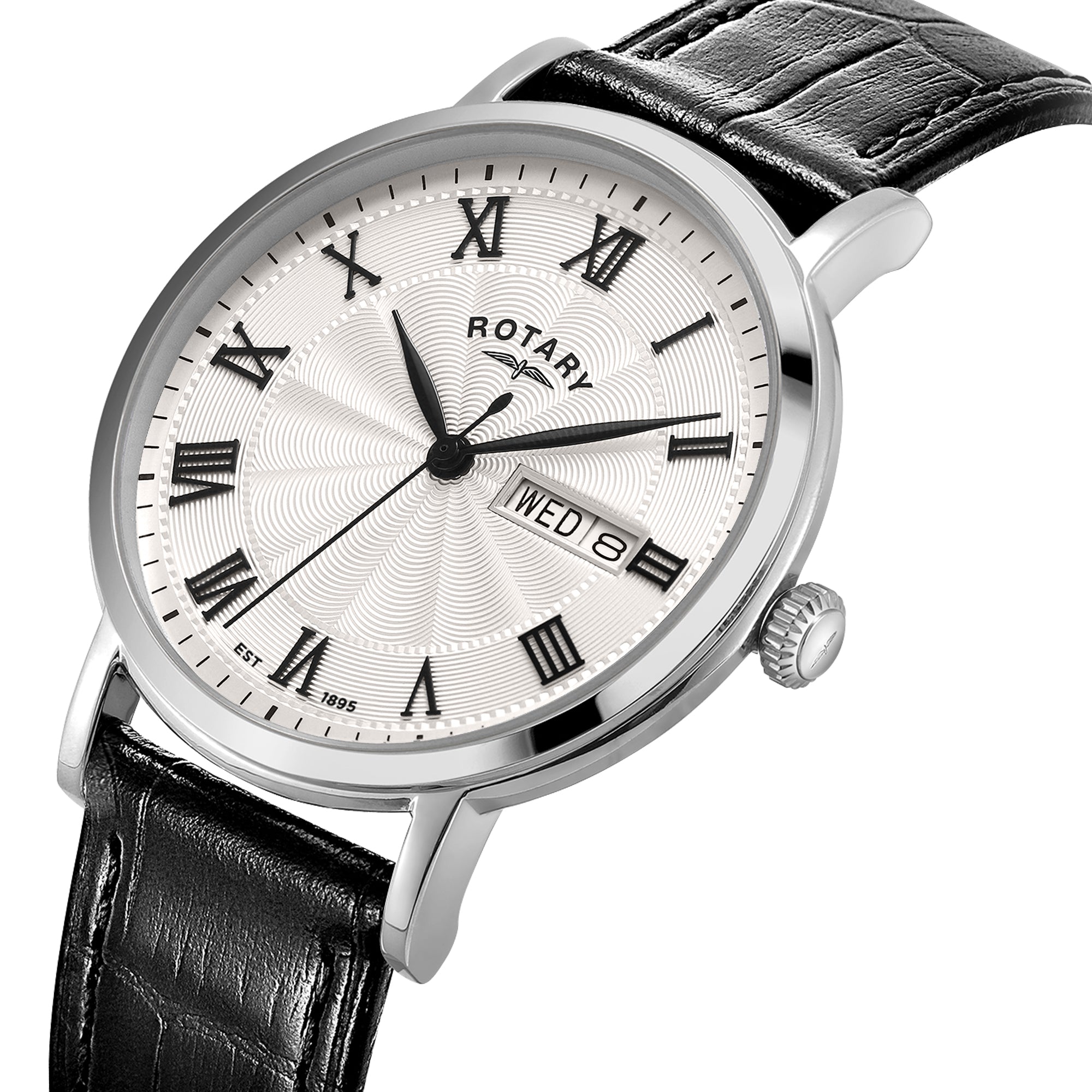 Rotary watch with black leather strap and silver case on a white background