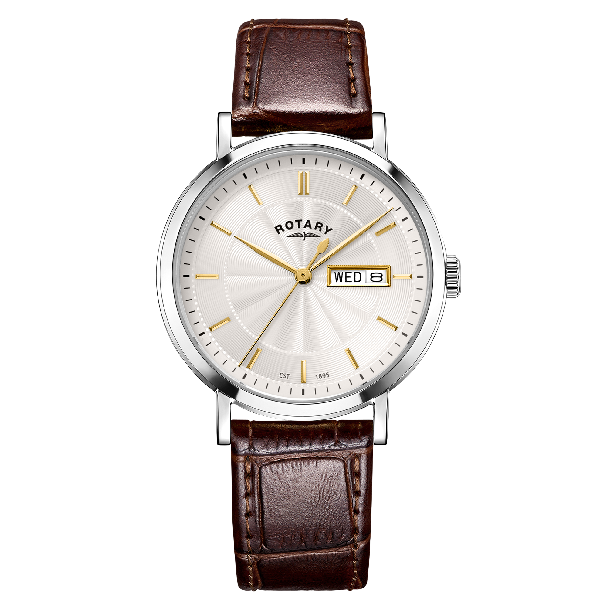 Rotary watch with brown leather strap and silver case on white background