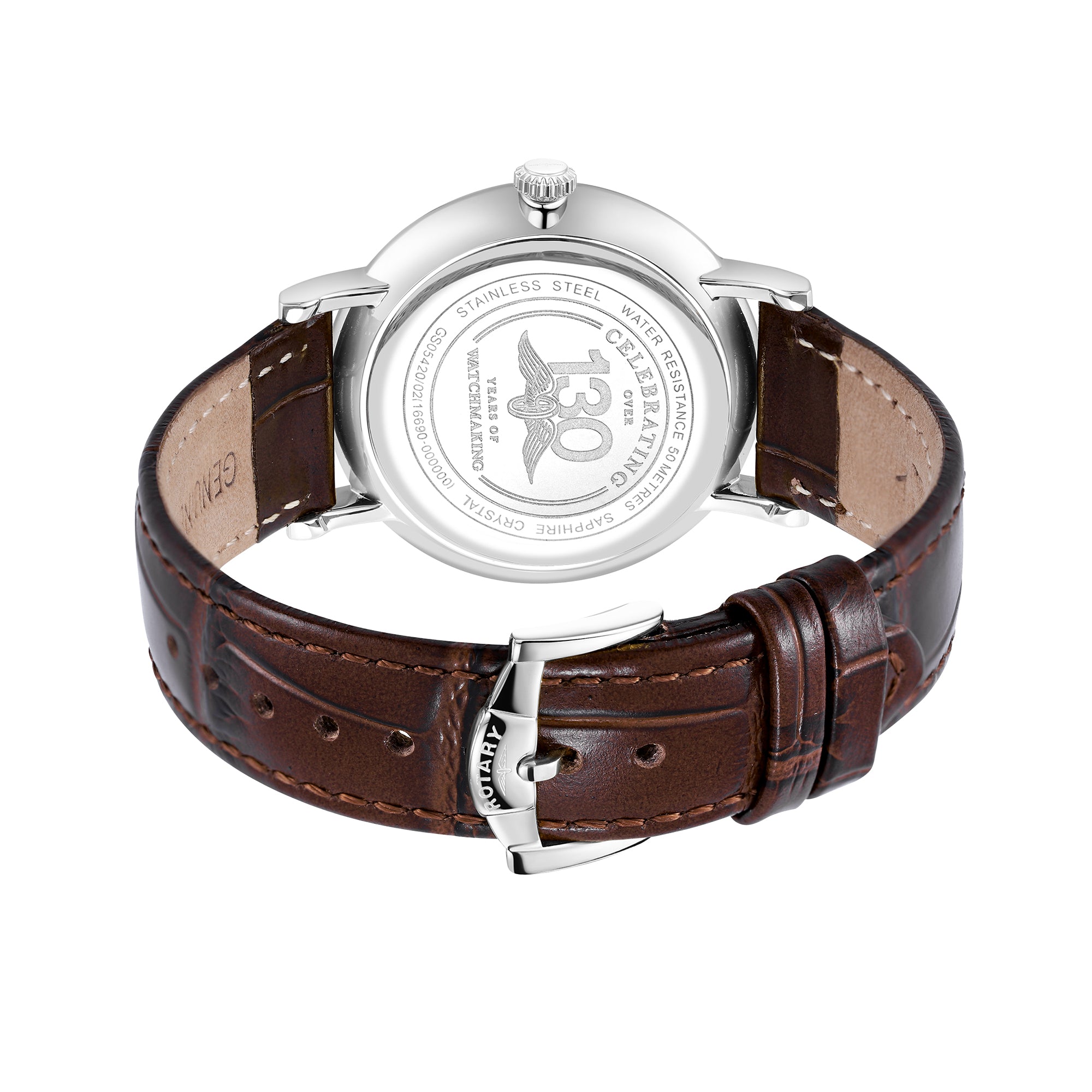 Rotary wristwatch with brown leather strap and silver case on a white background