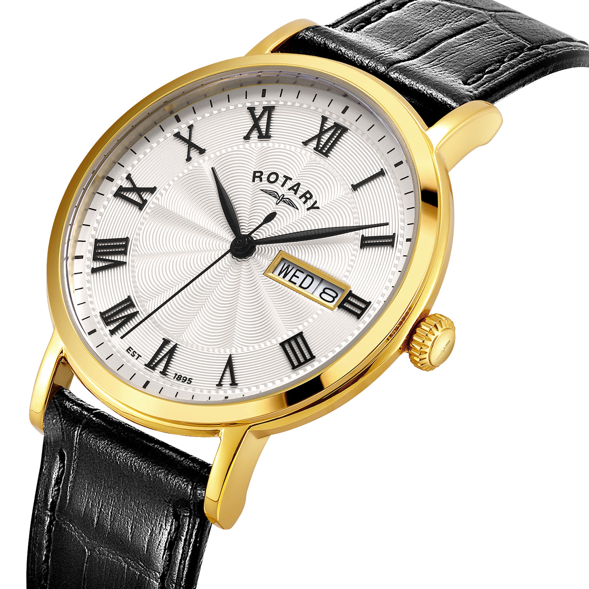 Rotary watch with gold case and black leather strap on a white background