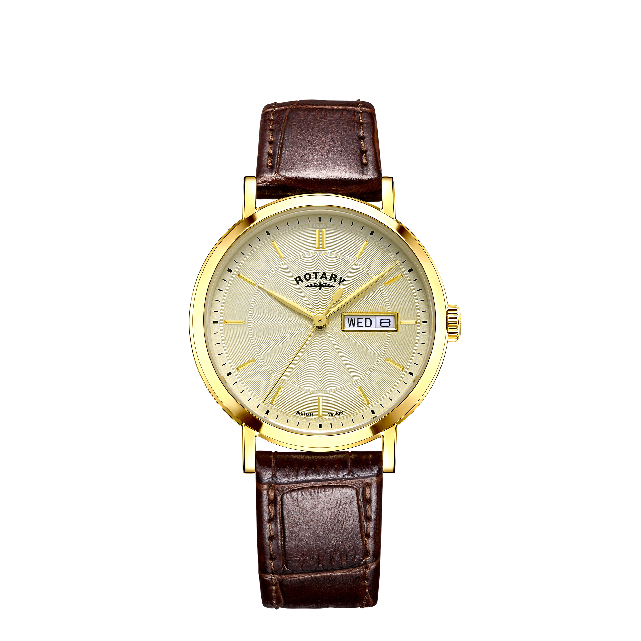 Rotary mens watch in gold with a brown leather strap and white guilloche dial