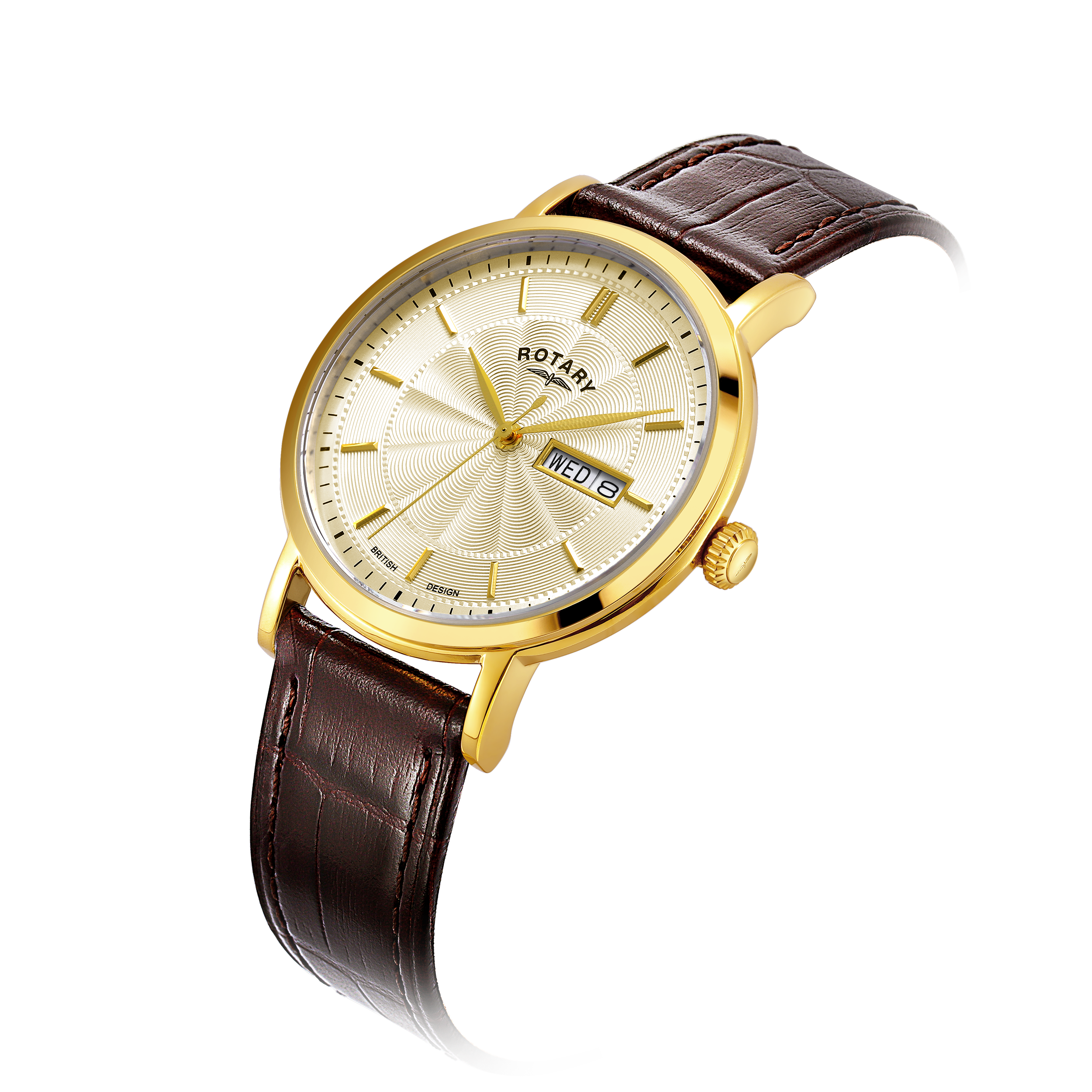 Rotary mens watch in gold with a brown leather strap and white guilloche dial