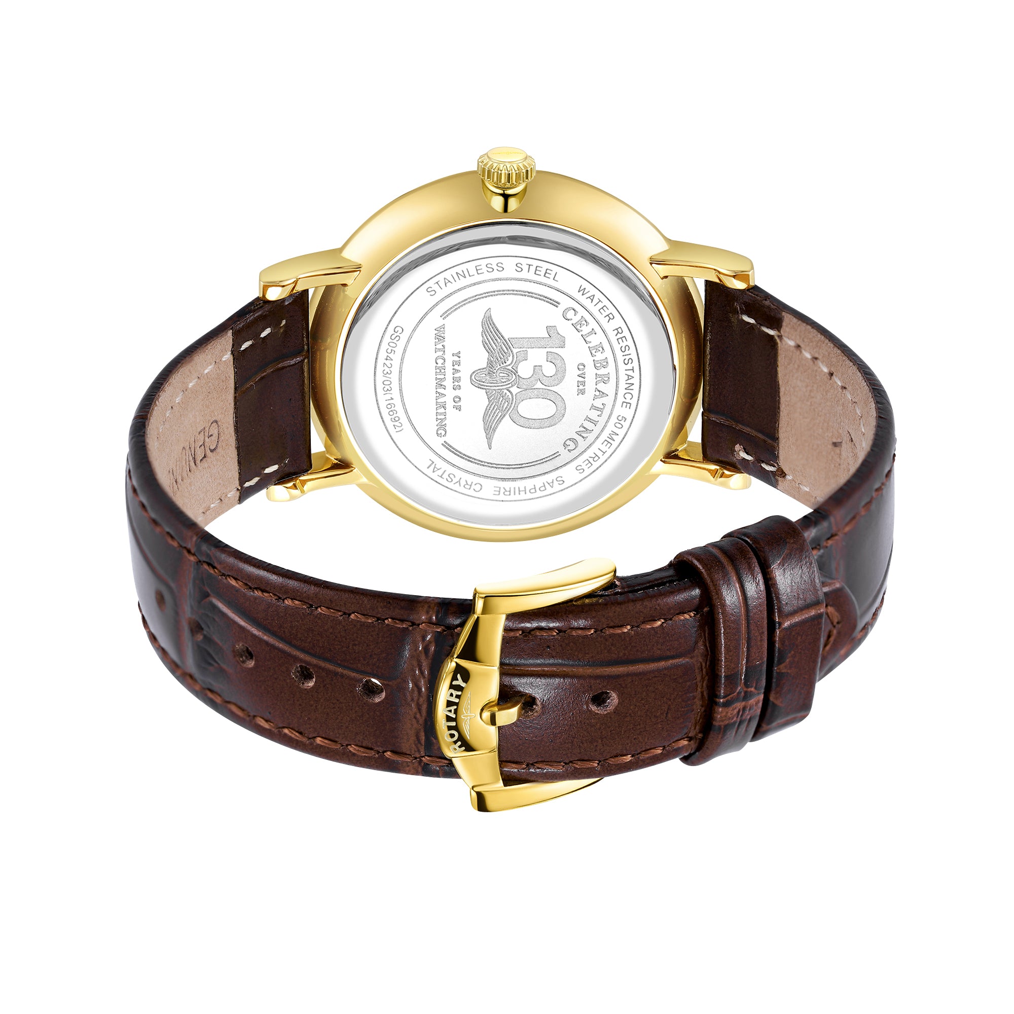 Rotary wristwatch with brown leather strap and gold case on a white background