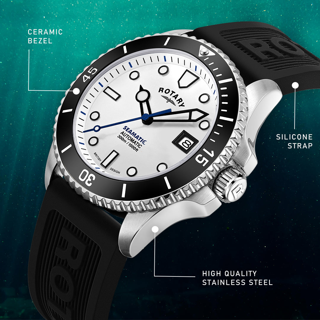 Rotary seamatic dive watch with a white dial and stainless steel case. The watch is pictured in an underwater setting