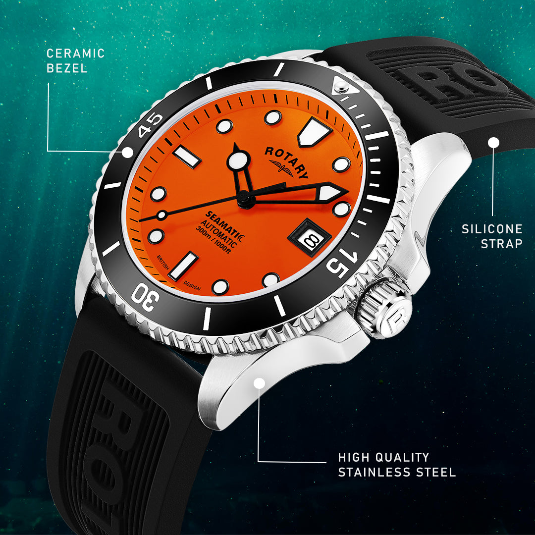 Rotary seamatic dive watch with an orange dial and stainless steel case. The watch is pictured in an underwater setting