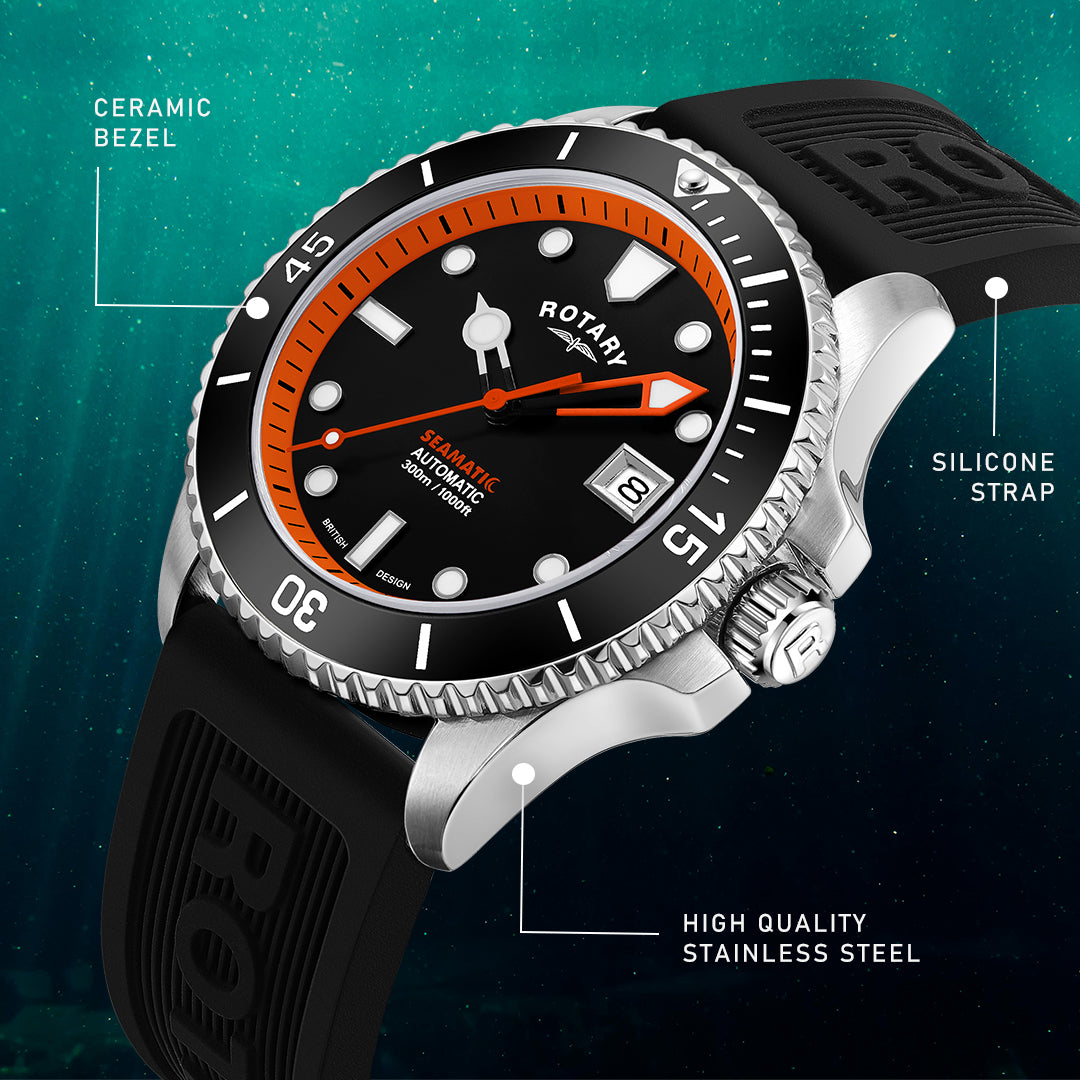 Rotary seamatic dive watch with a red dial and stainless steel case. The watch is pictured in an underwater setting