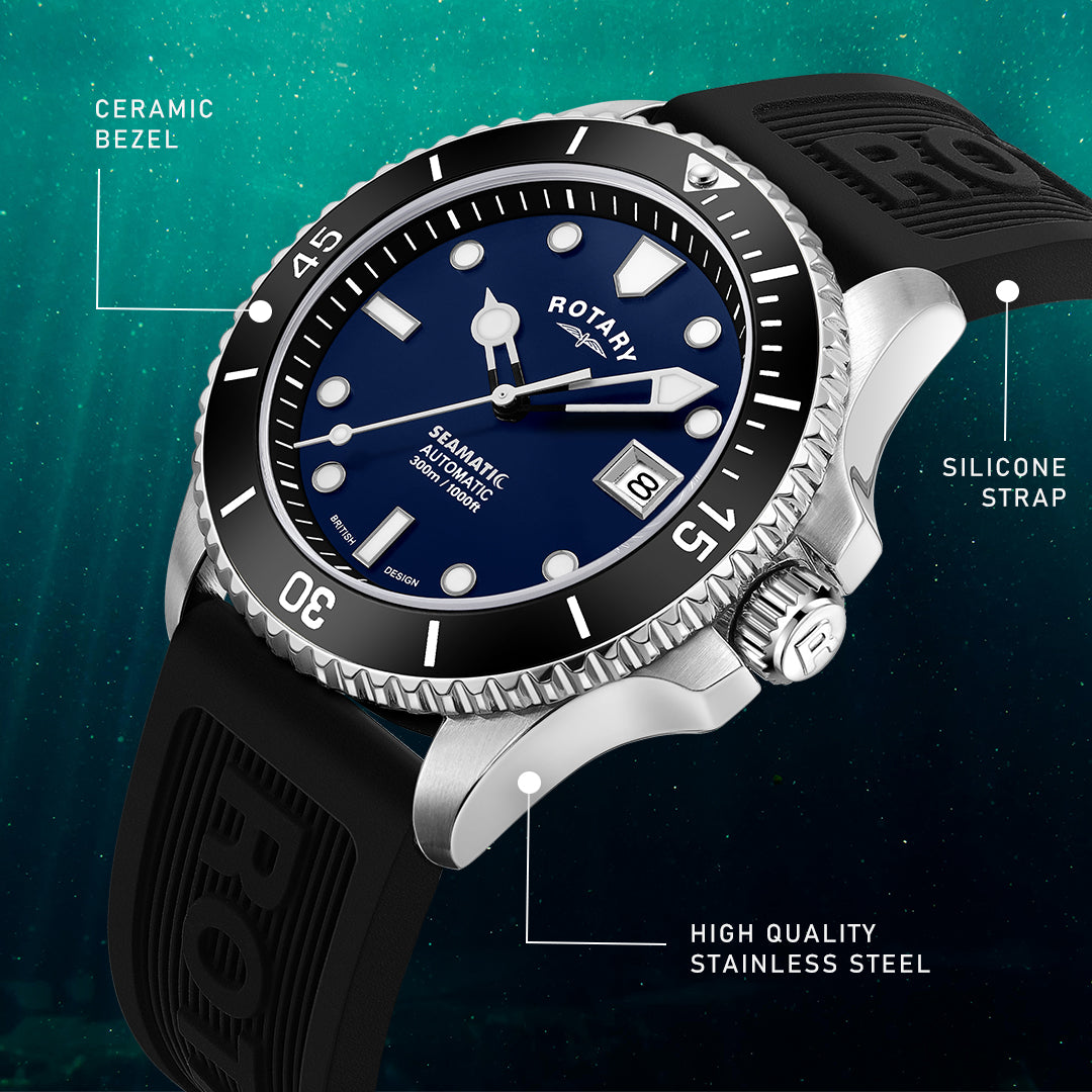 Rotary seamatic dive watch with a blue dial and stainless steel case. The watch is pictured in an underwater setting