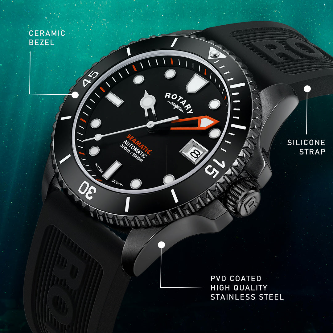 Rotary seamatic dive watch with a black dial and black case. The watch is pictured in an underwater setting