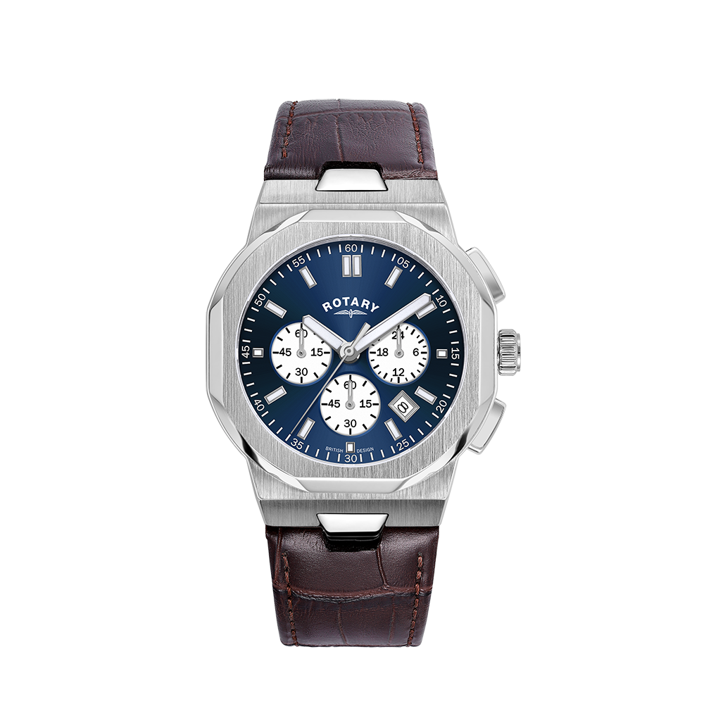 Rotary Chronograph watch with a blue dial and brown leather strap. The watch also has two chronograph pushers in stainless steel and 3 sub-dials.