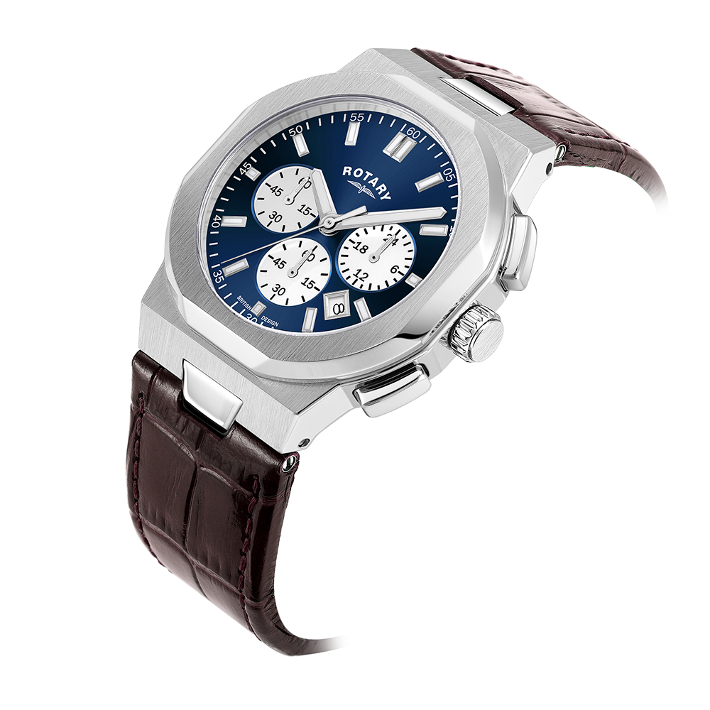 Rotary Chronograph watch with a blue dial and brown leather strap. The watch also has two chronograph pushers in stainless steel and 3 sub-dials.