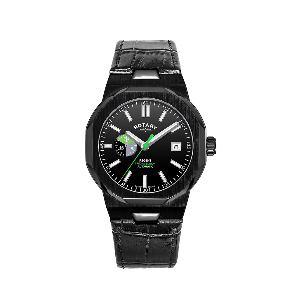 Rotary regent automatic watch in black with green accenting