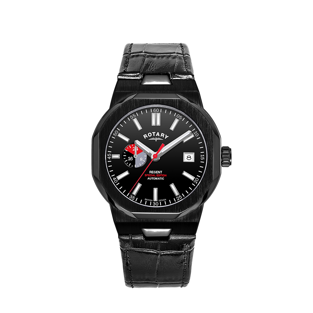 rotary regent automatic watch with 24 hour sub dial and date-window. The watch is black and features a black dial, black leather strap and red accenting