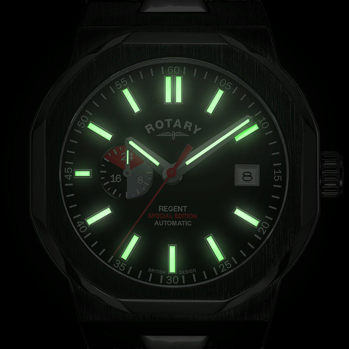 rotary regent automatic special edition with red accenting and lume being showcased