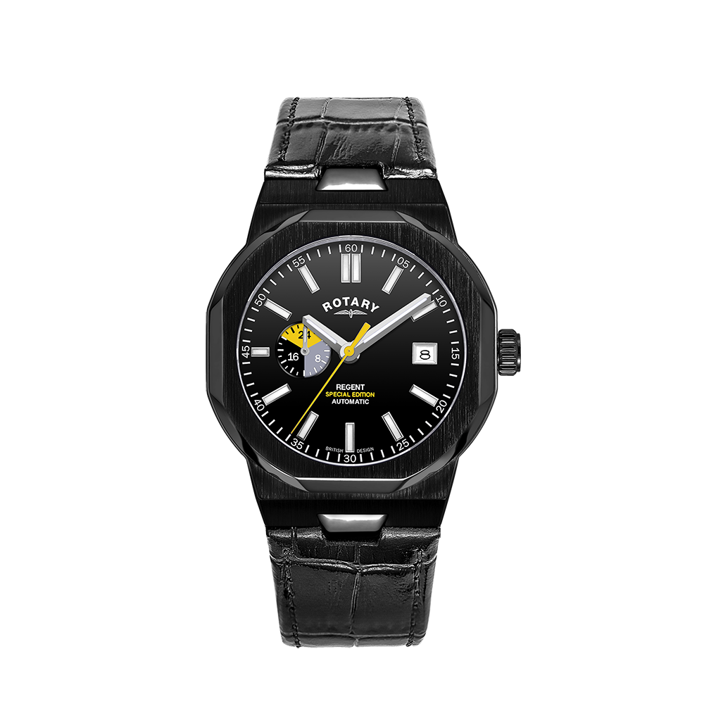 rotary regent special edition watch with a 24 hour sub-dial, a date window and yellow accenting. The case is black, the dial is black and the leather strap is black.