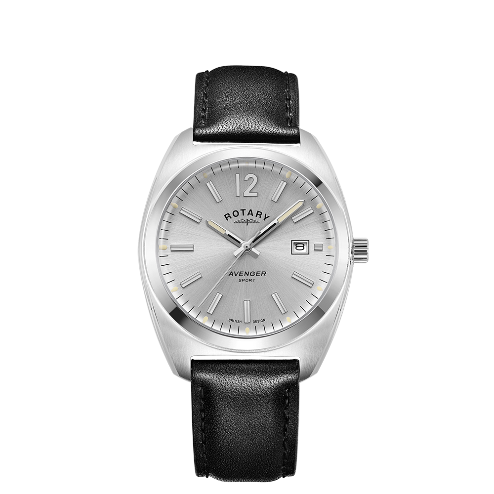 Rotary mans watch with a stainless steel case and black leather strap. The watch has a silver dial and a date window