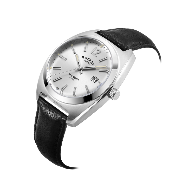 Rotary mans watch with a stainless steel case and black leather strap. The watch has a silver dial and a date window